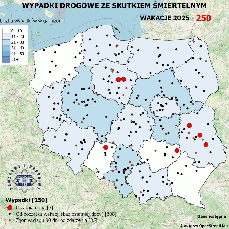 Mapa prezentująca liczbę wypadków poprzedniej doby w Polsce. Prezentowane dane są dostępne w tekście poniżej.