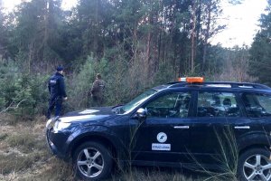 Policjant ze strażnikiem leśnym sprawdzają oznaczone drzewka