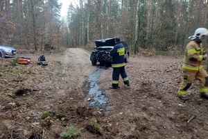 Pracujący na miejscu zdarzenia strażacy oraz policjanci