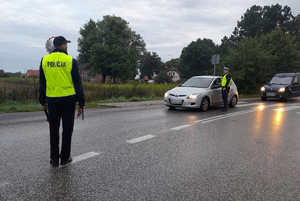 Policjant ruchu drogowego kontroluje kierowcę pod kątem trzeźwości, drugi policjant kontroluje ruch pojazdów