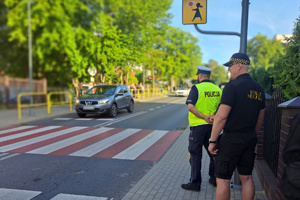 Policjant i strażnik miejski obserwują przejście dla pieszych i zachowania kierowców wobec przechodniów