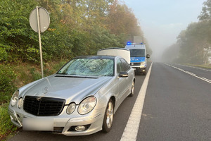 Zniszczony w skutek zderzenia z łosiem mercedes