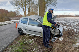 Policjant prowadzi oględziny pojazdu po zderzeniu z drzewem