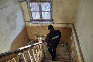 Policjant schodzi ze schodów opuszczonego budynku