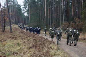 Zawodnicy, w pełnym umundurowaniu, biegną drogą leśną