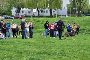 Policjanci podczas pikniku charytatywnego prowadzą pokaz posłuszeństwa psa i prezentują sprzęt służbowy