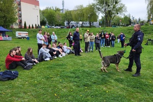 Policjanci podczas pikniku charytatywnego prowadzą pokaz posłuszeństwa psa i prezentują sprzęt służbowy
