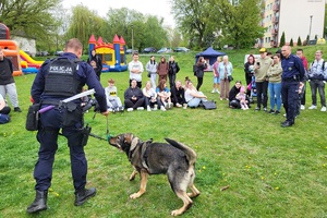 Policjanci podczas pikniku charytatywnego prowadzą pokaz posłuszeństwa psa i prezentują sprzęt służbowy