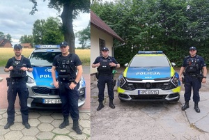 Czterej policjanci stojący przed radiowozem