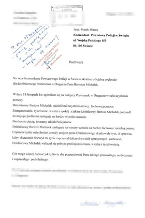 Treść pochwały dla dzielnicowego