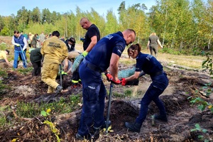 Policjanci z przedstawicielami innych instytucji sadzą las